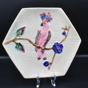 Antique Majolica Pink Cockatoo Plate William Brownfield Bird Raised Hexagon